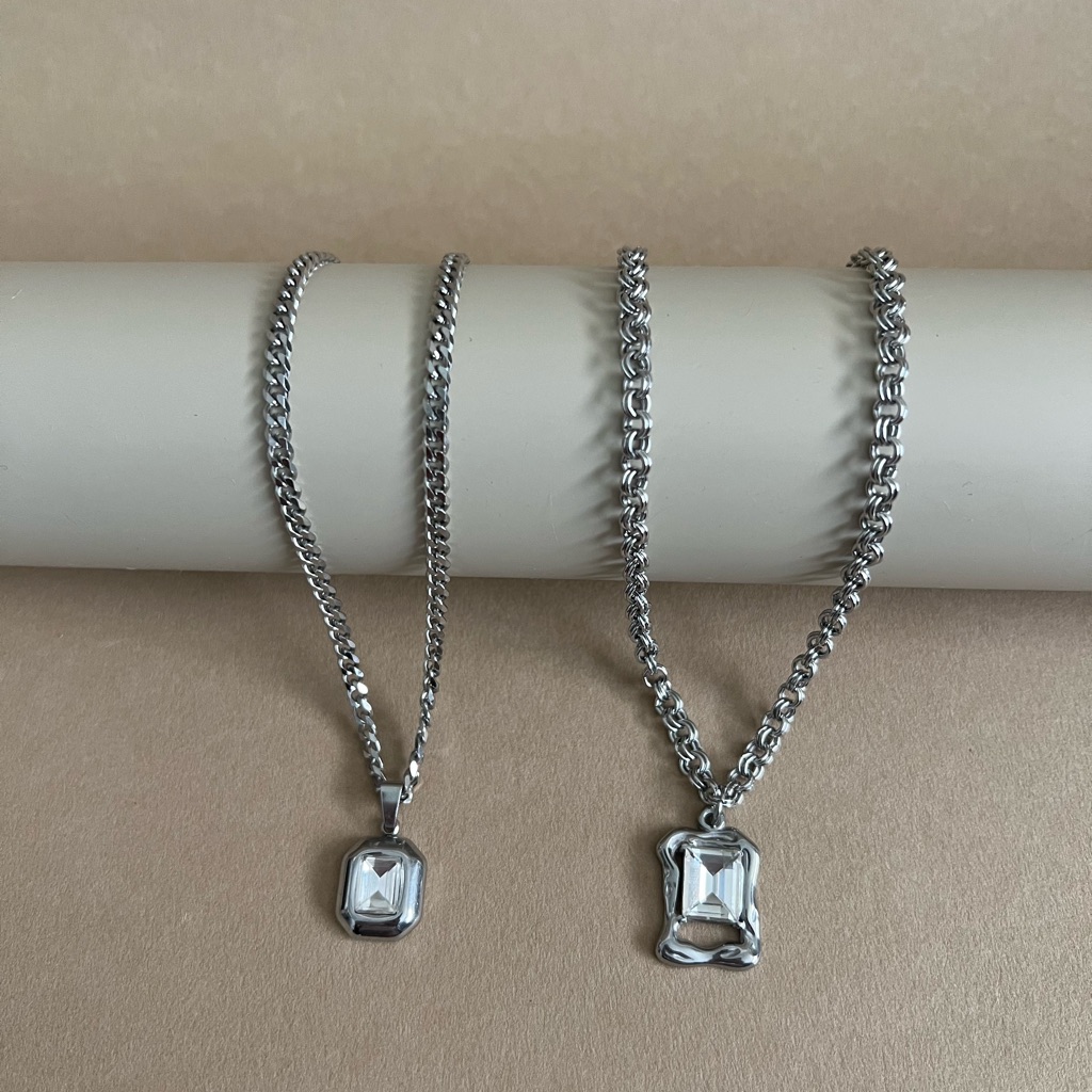 Silver Zircon Statement Necklace Preppy Edgy Stainless Steel 33$
